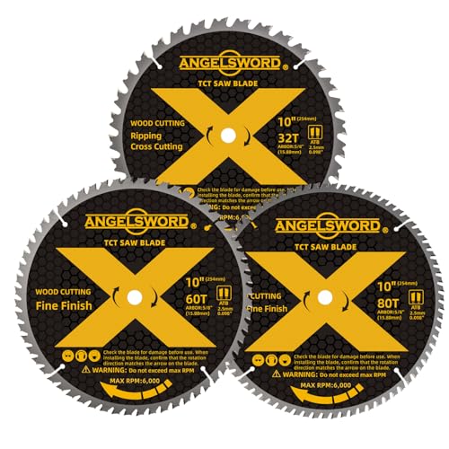 ANGELSWORD 10 Inch Table Saw Blade/Miter Saw Blade, 32T for Framing&60T for Fine Finish&80T for Ultra Fine Finish Wood Cutting, 3 Pack