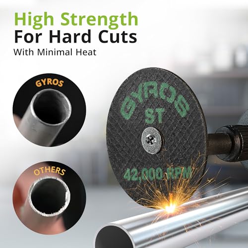 GYROS 1.75” Mini Resin Cut-Off Wheels for Rotary Tools, 12 Double Fiberglass Reinforced Cutting Discs, ST Materials Like Titanium, Carbon; Dremel Cutting Tool Accessory. Made in USA 11-41702/12 - size: 1.75 inches (12 pcs)
