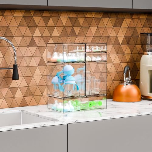 Yieach 6 Set Clear Baby Bottle Organizer for Countertop,BPA FREE Bottle Station Organizer for Breast Pump Parts,Pacifier and Baby Accessories,Stackable Drawers for Bathroom,Cabinet,Pantry Organization - style: 6 PACK