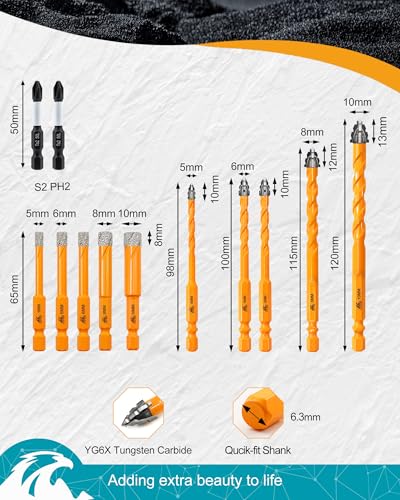 12pcs Diamond Drill Bits Set, Tile & Masonry Drill Bits 3/16" (5mm) to 3/8" (10mm) for Tile Concrete Brick Wood Plastic with 1/4 Inch Quick Change Hex Shank - size: Set 5(12-Pack)