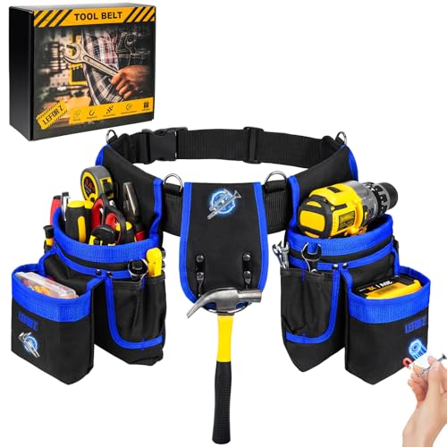 Tool Belt with 4 D-Rings,27-Pockets Tool Belts for Men,Construction - color: Blue & Black, size: 27 Pockets with Magnet Pouch