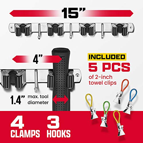 Wall Mount Hanger for Brooms & Mops - Adhesive Stainless Steel Mops & Broom Holder, 4 Clamps, 3 Hooks, & 5 Towel Hanger Clips Including Mounting Hardware for Utility Room Organization - color: 1 Pack - 4 Clamps