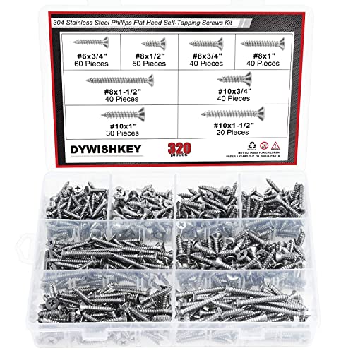 DYWISHKEY 320 Pieces #6#8#10 Stainless Steel 304 Phillips Flat Head Self-Tapping Screws, Wood Screws Assortment Kit - size: #6#8#10