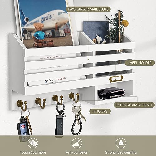 FifthQuarter Mail Holder Wall Mount with 2 Mail Slot and 4 Sturdy Hooks - color: C-White