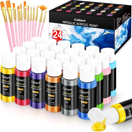 Caliart 24 Colors Metallic Acrylic Paint Set with 12 Brushes - color: Metallic, size: 2 Fl Oz (Pack of 24)