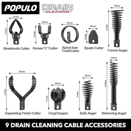 POPULO 9-in-1 Ultimate Professional Drain Snake Attachment Set: Large 6-Blade Root Cutter and 8-Piece Drill Auger attachment, for 1.5-4 Inch Pipes, Annihilates Tree Roots & Tough Clogs - style: 9 - Piece