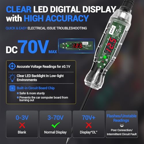 Automotive Test Light VDIAGTOOL P60 3-70V LED Digital Voltage Display, Circuit Tester with Voltmeter & Dual Polarity Indicator Light, Tester Electric, Bidirectional Voltage Tester w/Stainless Probe