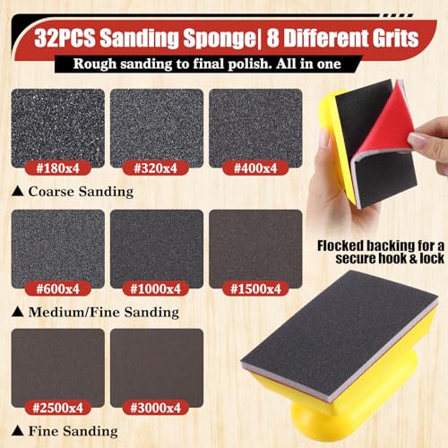 32Pcs Sanding Sponge Kit with Sanding Block, 180-3000 Grit Sandpaper | Wet & Dry Use, Ergonomic Soft Sanding Block, Washable & Reusable Material, For Wood, Auto Body, Guitar, Metal