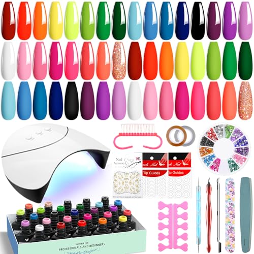 VANREESA 42 Pcs Gel Nail Polish Kit with U V Light 24 Colors Nail Polish Gel Kit Bright Red Orange Yellow Green Blue Purple Pink Complete Nail Kit with Manicure Tools Gifts for Women - color: Bright & Trendy Collection