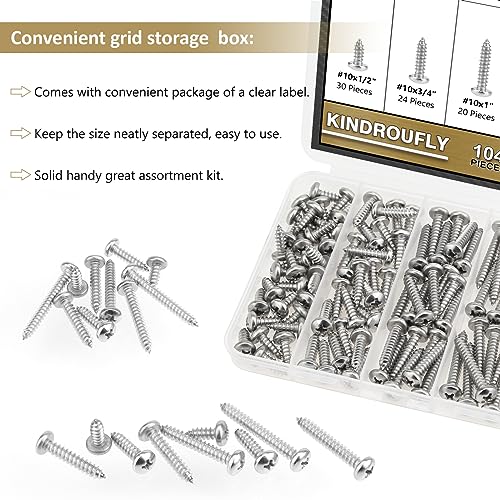 104 Pieces #10 x 1/2" 3/4" 1" 1-1/4" 1-1/2" Phillips Pan Head Self-Tapping Screws, Wood Screws Assortment Kit, 304 Stainless Steel - size: #10