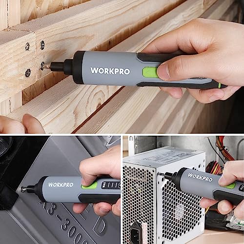 WORKPRO 4V Electric Screwdriver, Rechargeable Cordless Screwdriver Set with 35 Bits, Extension Rod, USB Charging Cable in Carrying Case, LED Light, Black Gray