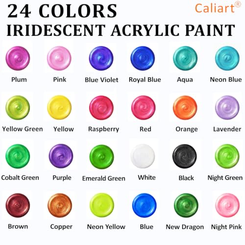 Caliart 24 Chameleon Colors Iridescent Acrylic Paint Set with 12 Brushes ﻿ - color: Iridescent, size: 2 Fl Oz (Pack of 24)