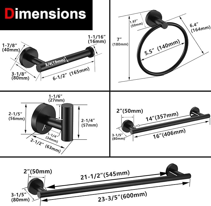 12 Pieces Matte Black Bathroom Hardware Accessories Set Hand Towel Ring 16&23.6 inch Round Towel Bar Toilet Paper Holder Towel Hooks 4 Pieces SUS 304 Stainless Steel,Heavy Duty,Wall Mounted - color: Matte Black, size: 12 piece 24"