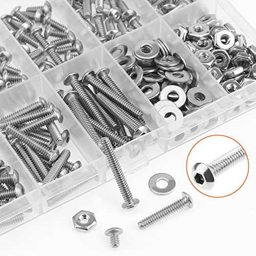 HELIFOUNER 250 Pieces #6-32 x 3/16" 1/4" 5/16" 3/8" 1/2" 5/8" 3/4" 1", Button Head Socket Cap Screws Bolts Washers Nuts Kit, Coarse Thread, Fully Machine Threaded, 304 Stainless Steel - size: #6-32, style: Button Head