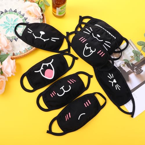 Cute Cat Face Mask, Kawaii Cotton Mouth Masks Reusable Washable Face Mask Anti-Dust Anime Masks for Women Men - color: Black 8pcs