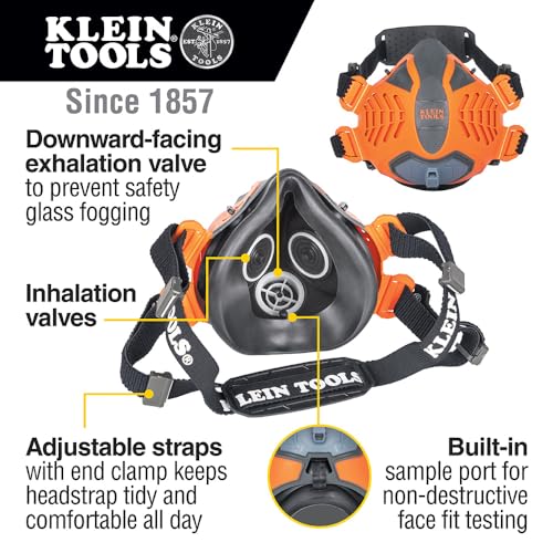 Klein Tools 60553 Reusable P100 Half-Mask Respirator with Replaceable Filters for Dust, Metal Fumes, and Oil Mist, S/M