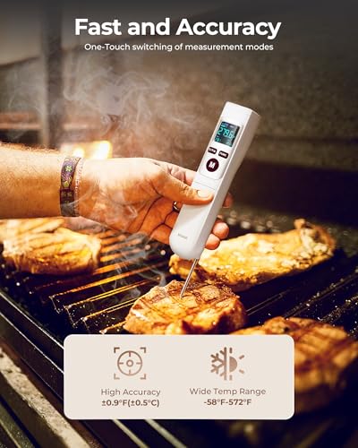 ERICKHILL Infrared Thermometer Gun, Heat Temp Temperature Gun with Meat Probe 2-in-1, Digital IR Laser Thermometer Gun for Cooking, Pizza Oven, Meat, Griddle, Grill, HVAC