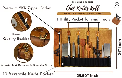 Aaron Leather Goods Vendimia Estilo Leather Knife Roll Storage Bag, Elastic and Expandable 10 Pockets, Adjustable/Detachable Shoulder Strap, Travel-Friendly Chef Knife Case Roll (Caramel, Leather) - color: Caramel