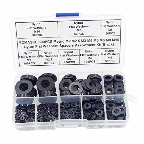 600PCS Metric M2 M2.5 M3 M4 M5 M6 M8 M10 Nylon Flat Washers Spacers Plastic Washers Assortment Kit (Black) - color: Black