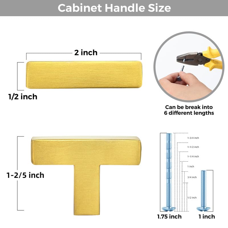 3 Pack Brushed Brass Cabinet Knobs, 2in Length Square Bar Drawer Pulls | Single Hole Grip, Stainless Steel Build, Kitchen Cabinet Restyle, For Drawers, Dressers, Cupboards, Closet Doors - color: Brushed Brass, size: 3 Pack, style: Square
