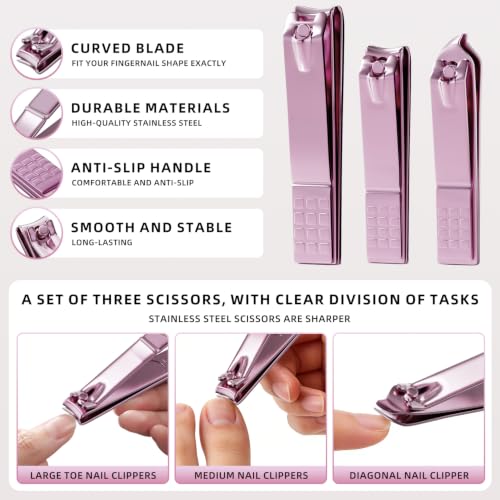 Manicure Set, Stainless Steel Nail Clipper Set with Travel Case - color: Rose Purple