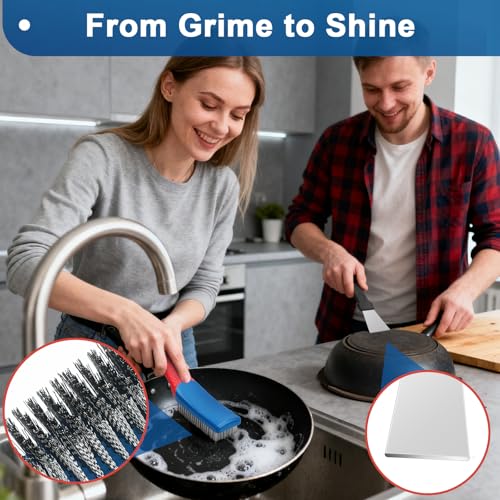 4-Pack Heavy Duty Wire Brush and Scraper Set, 3 Stainless Steel Scratch Brushes & 1 Metal Scraper for Aggressive Cleaning, Rust, Paint Removal, Grill, Kitchen, Auto, DIY with Non-Slip Handle