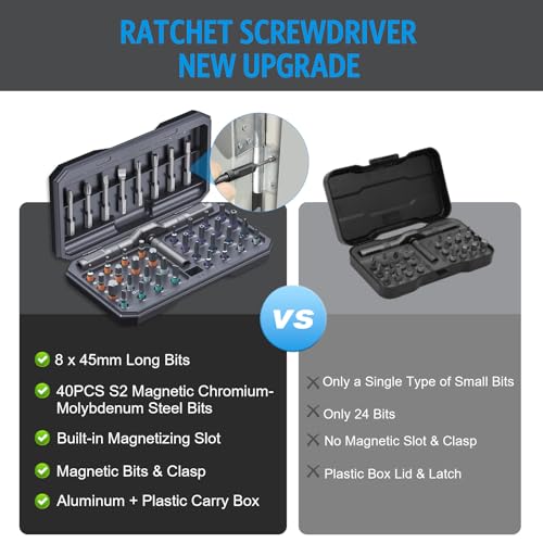 AMIR 42 in 1 Ratchet Screwdriver Set, Magnetic Screwdriver Set with 40 PCS Multi Bit, DIY Repair Tool Kit with Ratchet T Handle, Screw Driver Set Kit for Tools,Bicycle,Electronic Repair - color: Grey