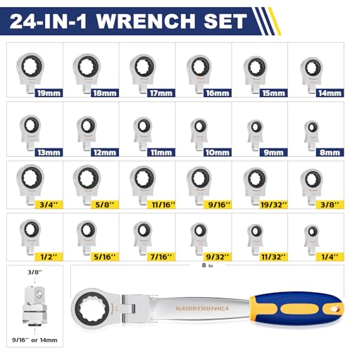 haisstronica 24 in 1 Flex-Head Ratcheting Wrench Set, Metric and SAE - size: Metric&SAE-24 in 1