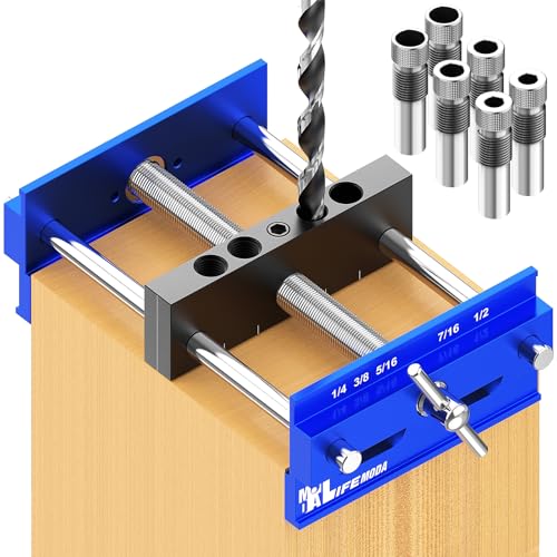 Upgraded 6.7 inch Self Centering Doweling Jig Kit, Drill Jig For Straight Holes Biscuit Joiner Set With 6 Drill Guide Bushings, Adjustable Width Drilling Guide Tool Accessory Jigs (Blue) - size: Large