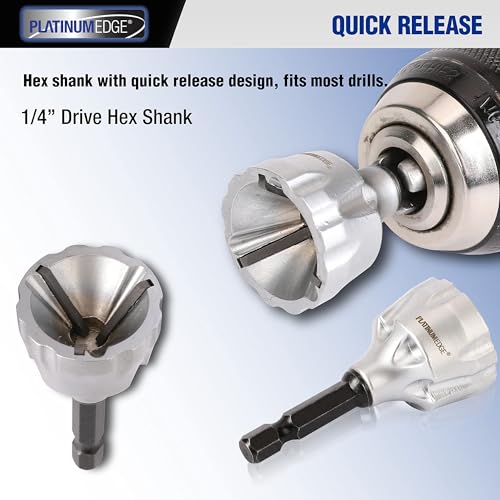 PLATINUMEDGE Deburring External Chamfer Tool with 3 Tungsten Carbide Blades,Quick Release 1/4" Hex Shank, Fits 1/8"-3/4" (3-19mm) – Repair Damaged Bolts, Screws, Threaded Rods & Pipe - size: 3 cm x 11 cm x 3 cm