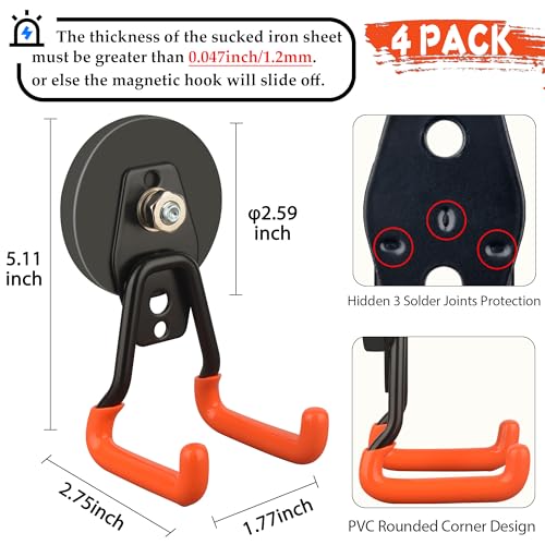 ULIBERMAGNET New Upgraded Heavy Duty Magnetic Garage Hooks,4 Pack Strong Large Magnet Hooks for Power Drill,Garden Tools,Hose,Pegboard,Garage, Workshop,Magnetic Storage Hook for Hanging(Orange) - style: V1 Pro 2.59INCH 4PACK Orange Medium Hooks