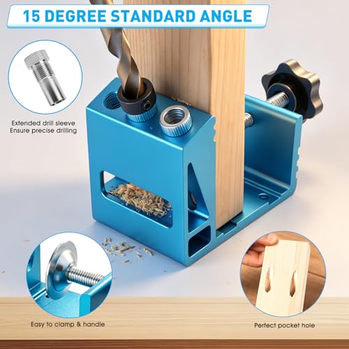 Pocket Hole Jig Kit with Drill Guide Joint 15 Degree Woodworking Inclined Hole Angle Tool Dowel Drill Pocket Joinery Screw Set Kit Adjustable Drill Jig Guides Joint Carpentry Locator Woodworking Tool