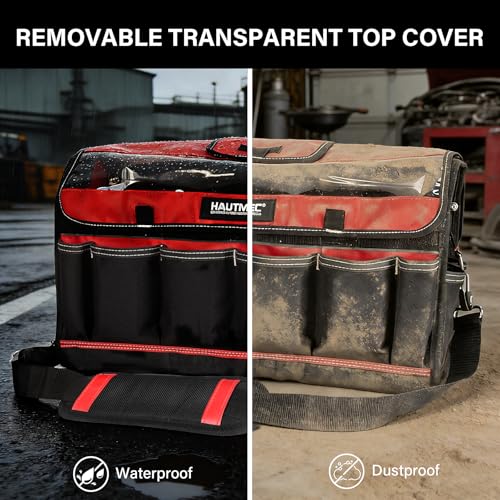 HAUTMEC 20" Heavy-Duty Open Top Tool Bag with Waterproof Clear Cover, Large Tool Tote with Rotating Handle, Rigid Frame, Wear-Resistant Hard Base & Padded Shoulder Strap – HT0296 - style: Tool Tote | Waterproof