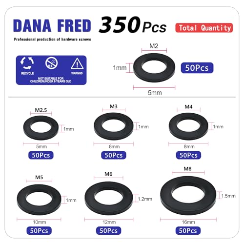 350pcs Black Nylon Flat Round Washer Spacer,7 Sizes M2-M8 Black Flat Washers Assortment Kit,Countersunk Plastic Spacer Thickness Gasket Ring Hardware Tool Fastener for Screw M2 M2.5 M3 M4 M5 M6 M8
