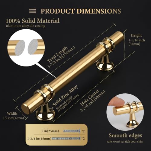 Haliwu 10 Pack 3-3/4 Inch Gold Cabinet Handles | 96mm Hole Center, Solid Aluminum and Zinc Alloy, Kitchen Pulls Hardware for Bathroom Drawer Dresser - color: Gold, size: 3-3/4 inch (96mm) hole spacing