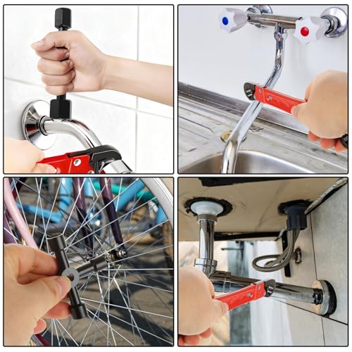 4Pcs Plumbing Tools Kit, Angle Stop Wrench Kit with 1/2 Inch Compression Sleeve Puller, Red Carbon Steel Plumbers Wrench for Installing and Removing Nut Ferrule Tight Spaces Under Sink