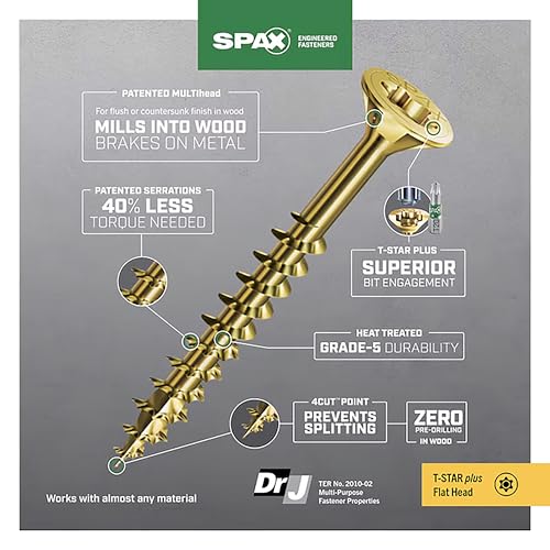 SPAX #8 x 1-1/4" Interior Flat Head Wood Screws Construction Framing Torx T-Star Plus (2500 EA) Bulk Pail Includes 3 Bits Countersunk Flush Finish - size: #8 x 1-1/4"