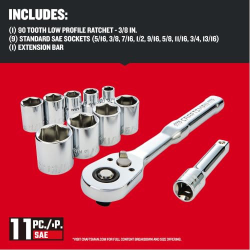CRAFTSMAN Mechanics Tool Set, 3/8 Inch Drive, SAE, 11 Piece, 90-Tooth (CMMT12126) - style: NEW SAE 11 Piece