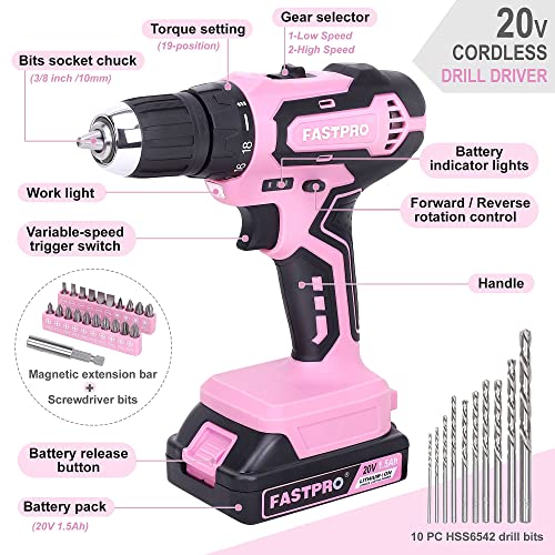 FASTPRO 232-Piece Pink Drill Set for Women, Pink Tool Set with Bag - color: Pink