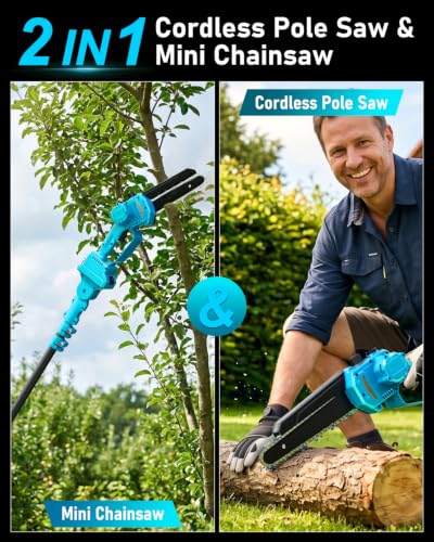 Electric Pole Saw 6inch Mini Chainsaw Cordless Brushless 6.0Ah Batteries Fast Charger Telescopic Power Pole Saw Tree Trimmer Limb Branch Cutter Pruner 16 Ft Max Reach Multi-Angle Blue - color: Blue-1 Battery