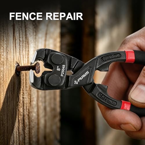 PURUS 8" High-Leverage End Cutting Pliers - Professional Heavy Duty CR-V Steel Nail Puller & Nipper, HRC60+ Induction Hardened Edge for Carpenter & Fence Repair