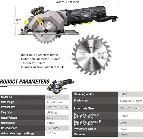 Mini Circular Saw,NEWONE 4.5Amp Electric Circular Saw with 6 Saw Blades,3500RPM,Max Cutting Depth 1-11/16"(90°), 1-1/8"(45°),Circular Saw With Laser for Wood, Soft Metal, Tile and Plastic Cuts