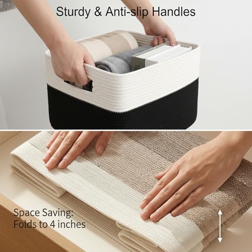JMvicyroam 65L Large Woven Cotton Rope Blanket Basket, White&Black - color: White&Black, size: 65L