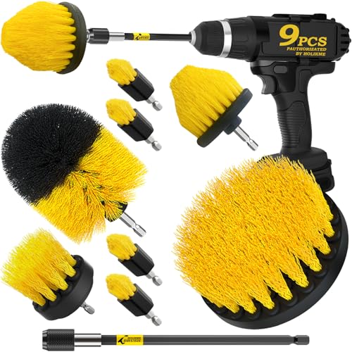 Holikme 9Pack Drill Brush Attachments Set，Power Scrubber Kit for Clean | 8 Nylon Scrub Brushes,1 Extend Long Attachment, Tile, Tub, Shower, Floors, Kitchen and Auto Interior Care,Yellow
