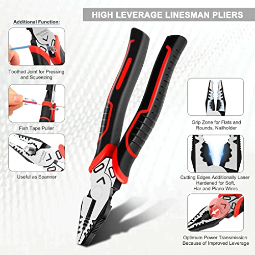 HAUTMEC 3PCS High Leverage Multi Plier Tool Set Include 8" Needle Nose Pliers Set, 8" Linesman Pliers, 6" Diagonal Cutting Plier, HT0270 - color: 3 Pcs Plier Set