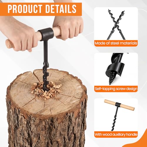 6 Pcs Hand Auger Wood Drill Wrench Set Bushcraft Gear Heavy Duty Steel Manual Survival Tools with Auxiliary Handle Bushcraft Tools for Camping, Outdoor, Hiking, Woodworking