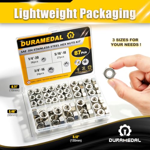 87Pcs SAE Hex Nuts Set 1/4-20 5/16-18 3/8-16 304 Stainless - size: SAE 3Size Set1;87pcs