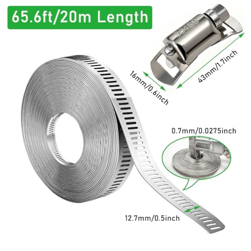 65.5FT/20m Stainless Steel Hose Clamps Assortment Kit with 20pcs Fasteners - size: 65.5ft