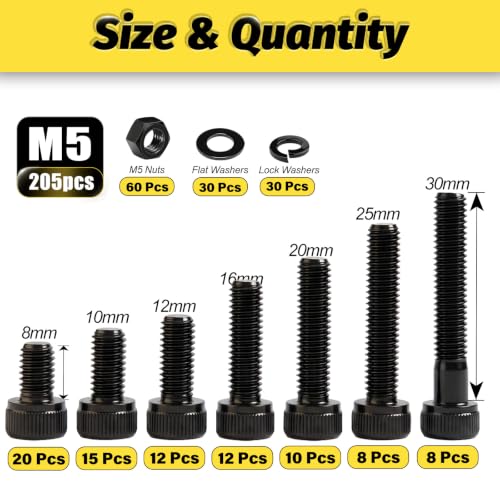 KADRICK 205PCS M5 Screws Kit,Class 12.9 Alloy Steel Hex Socket Head Cap - size: M5 205Pcs