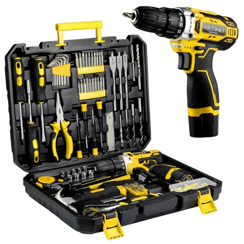 TLGREEN 138-Piece Tool KIT with 12V Cordless Drill and Case, Yellow - color: Yellow